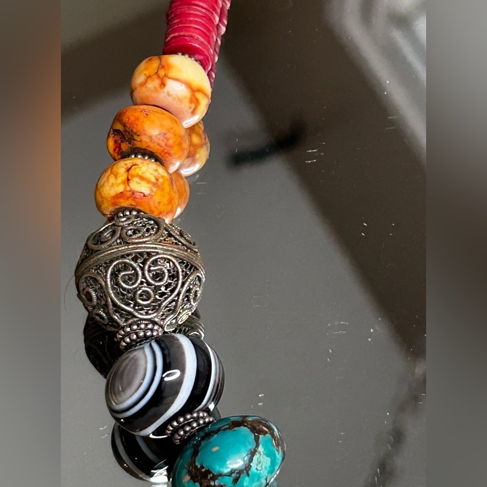 Handmade African beaded tribal choker necklace silver chunky onyx turquoise - Picture 14 of 16